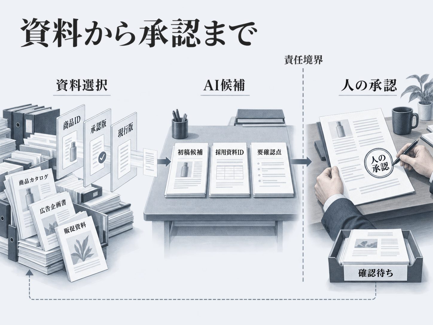 資料選択と人の承認範囲を分ける図
