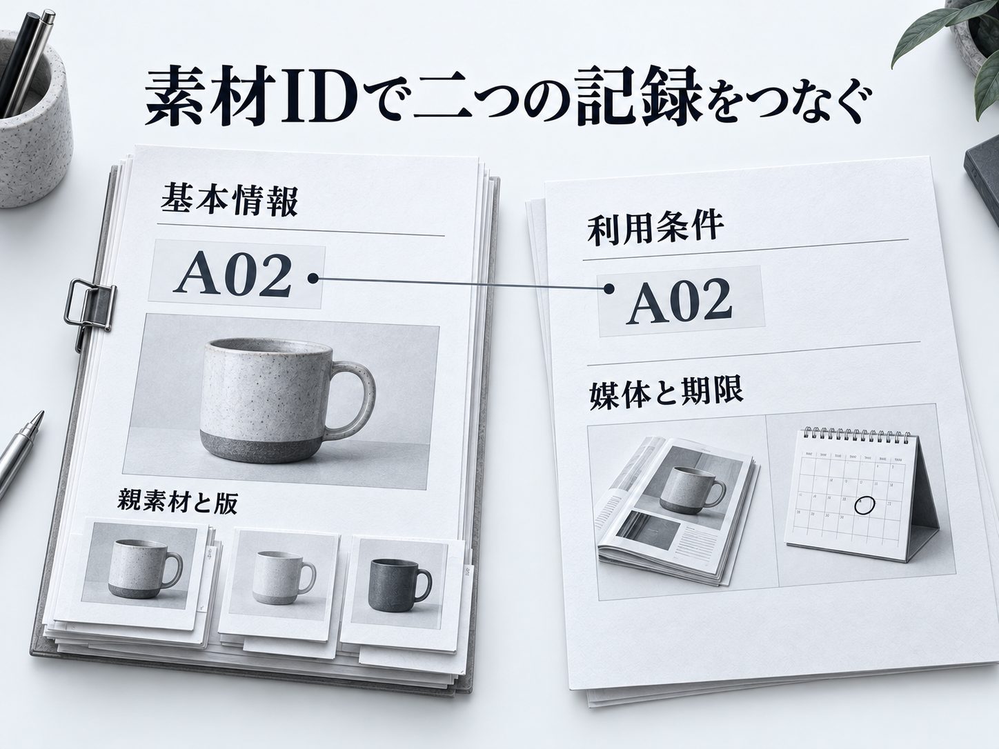 素材の表と条件の表を素材IDでつなぐ