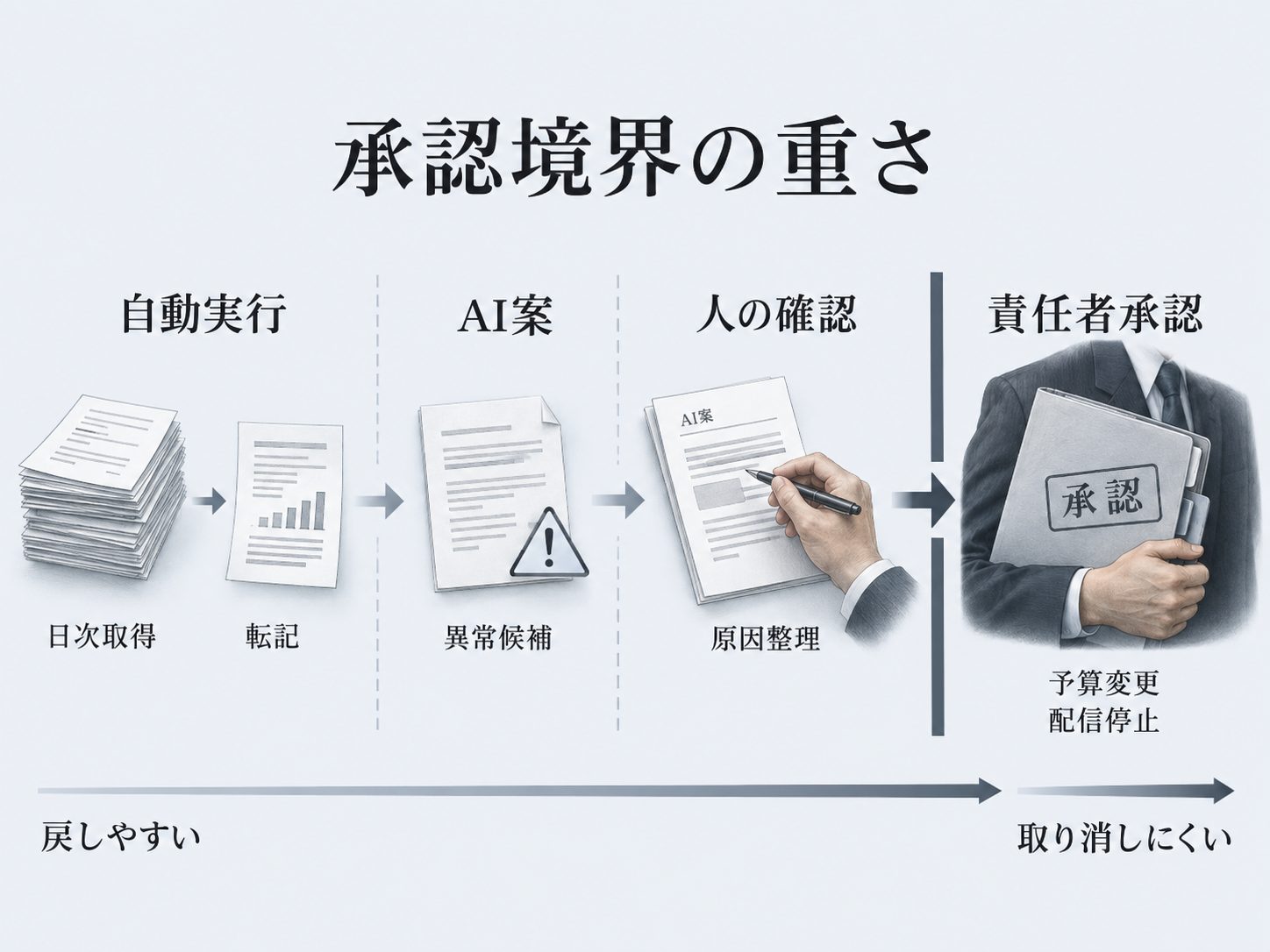 日次取得から停止まで承認境界が段階的に重くなる