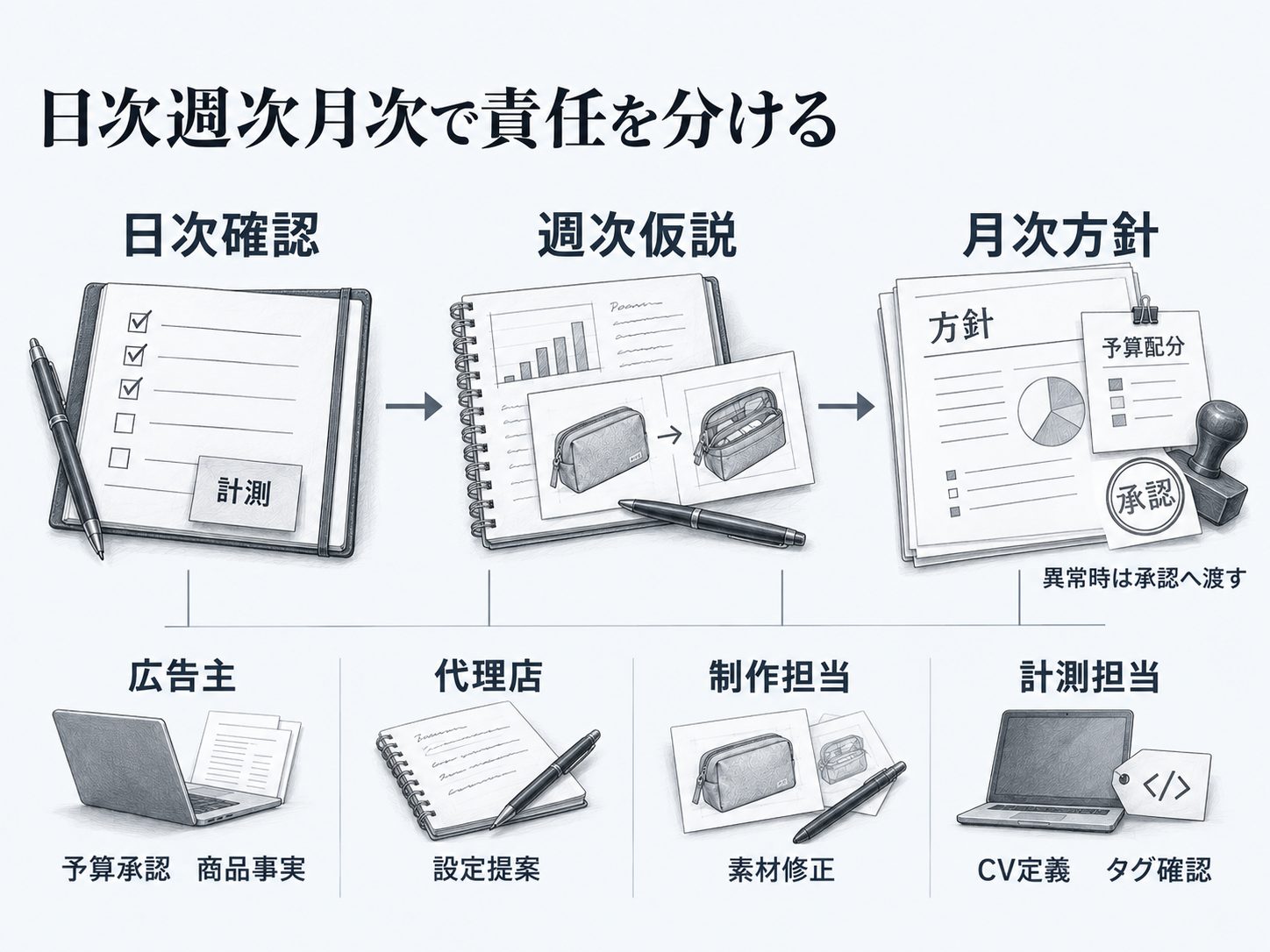 日次週次月次で担当と承認が分かれる