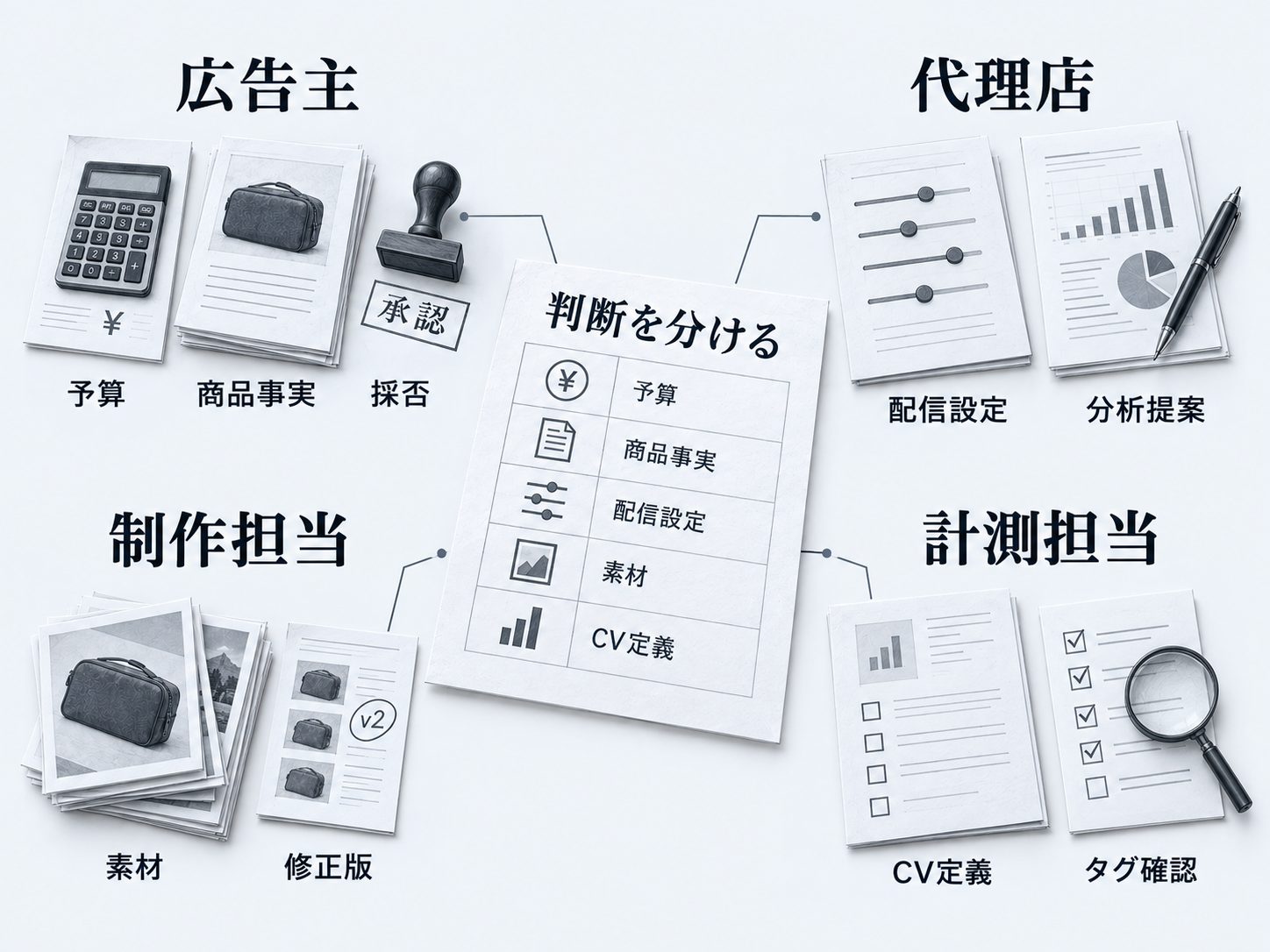 予算と設定と計測の担当を分けて確認する図