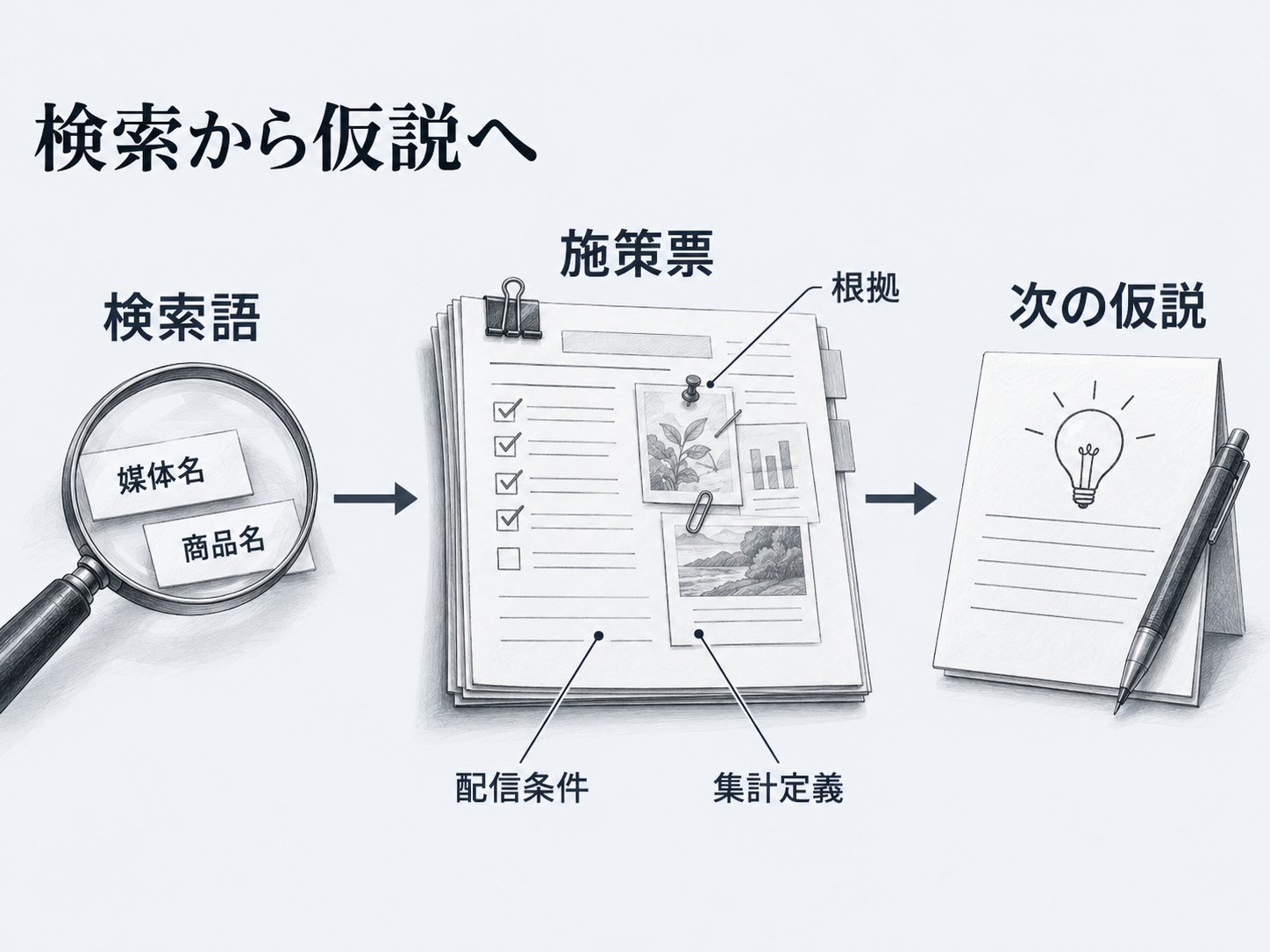 検索語は施策票を経由して根拠と次の仮説へつながる