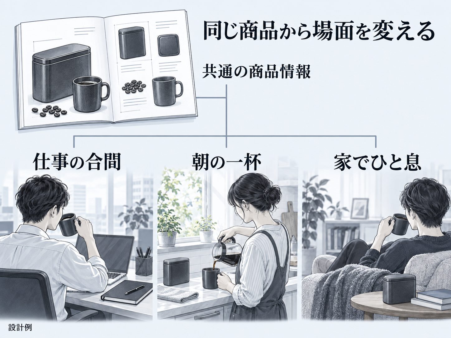 商品情報を場面別の動画へ展開する流れ