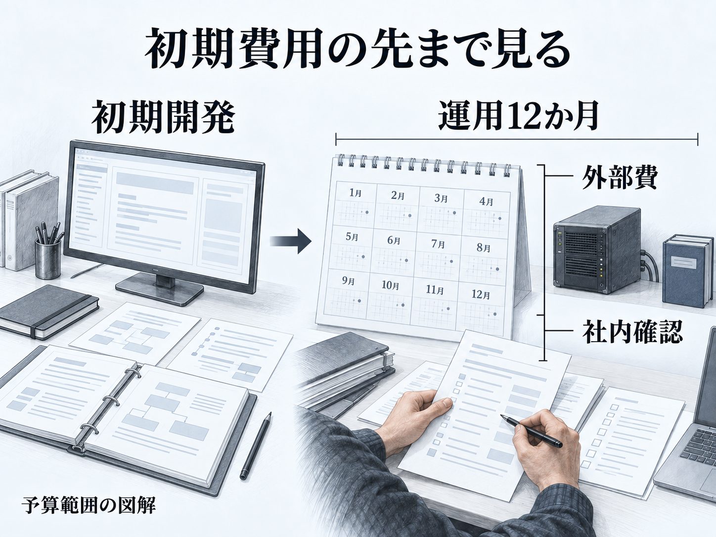 初期開発の後に運用12か月の外部費と社内確認が続く