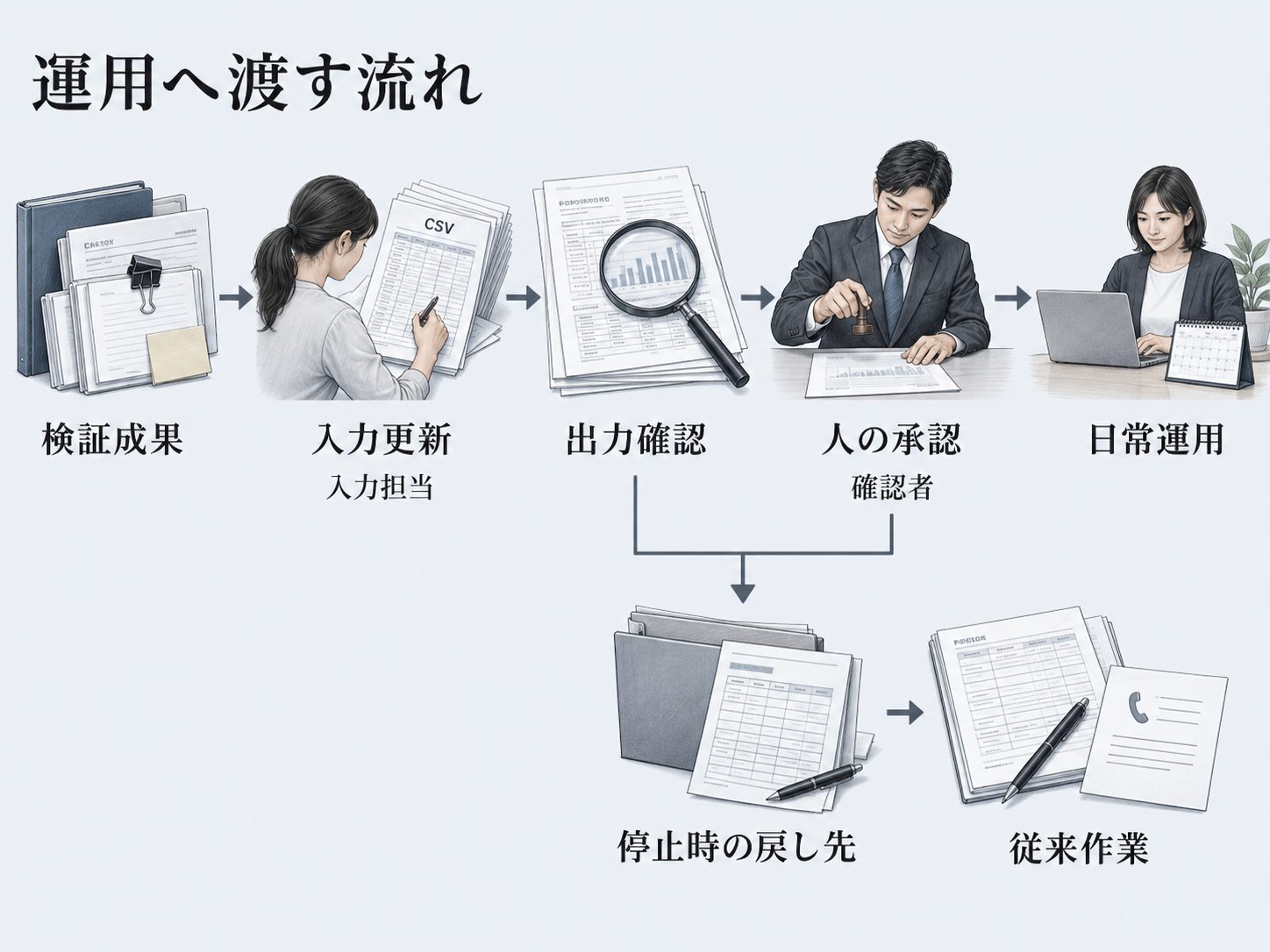 入力更新から承認と停止時の戻し方まで人の位置が分かる