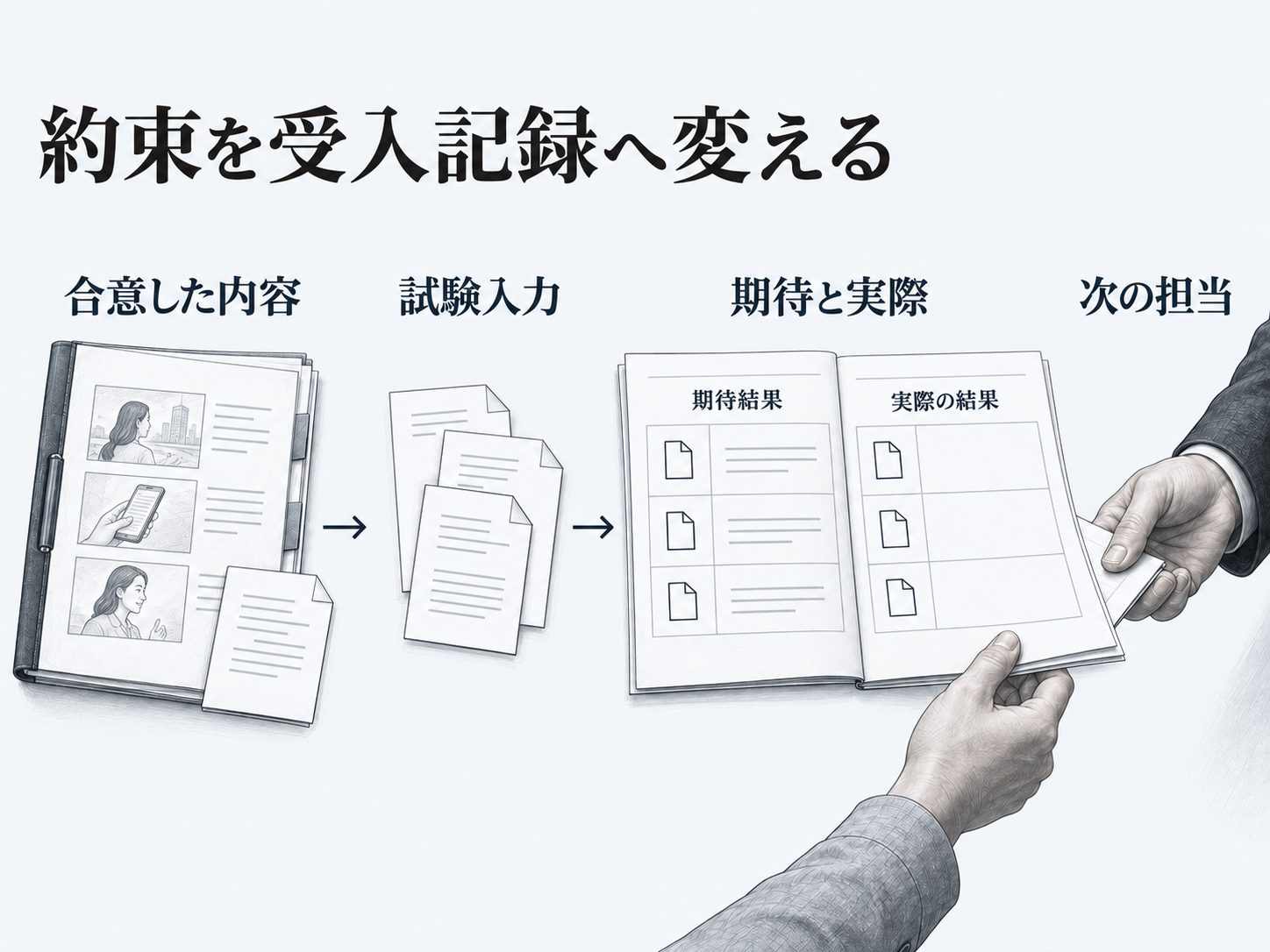 約束を入力と結果と担当へ分けて受入を記録する
