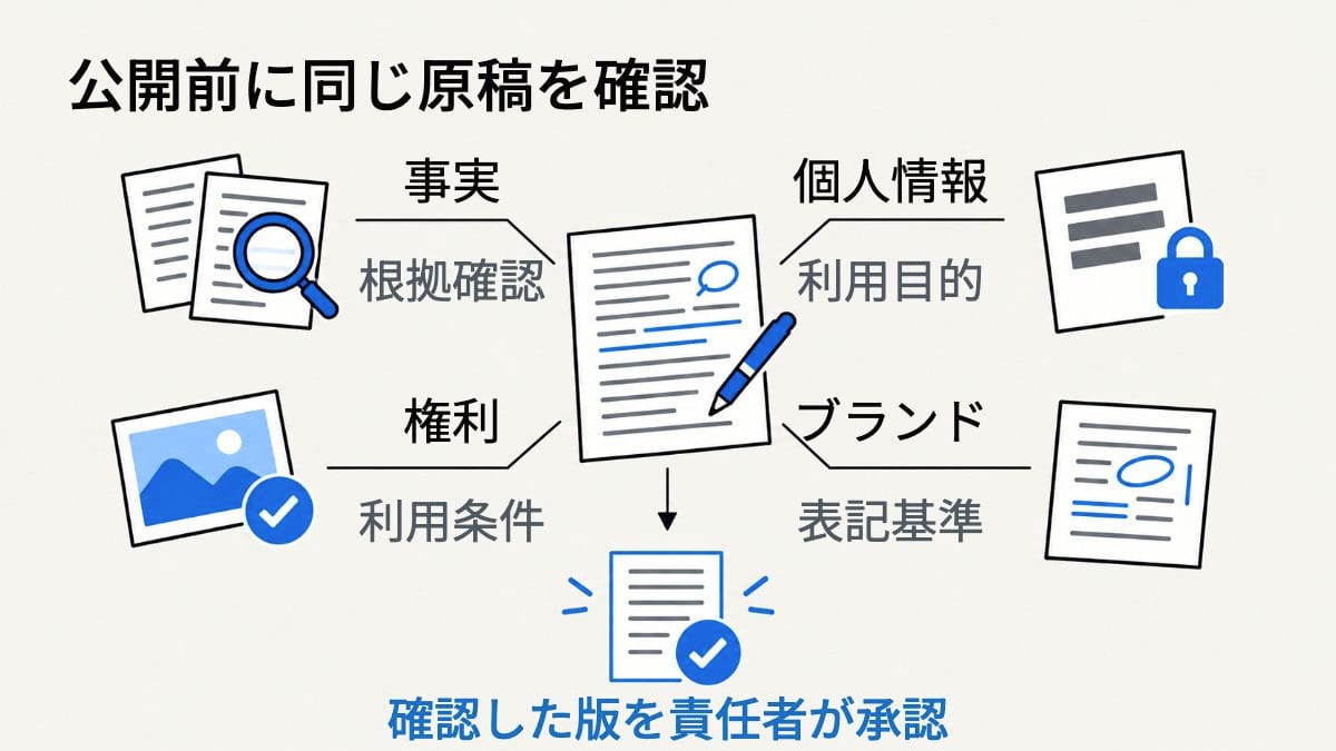 同じ原稿を事実、個人情報、権利、ブランドの4観点で確認し、確認した版を責任者が承認する関係