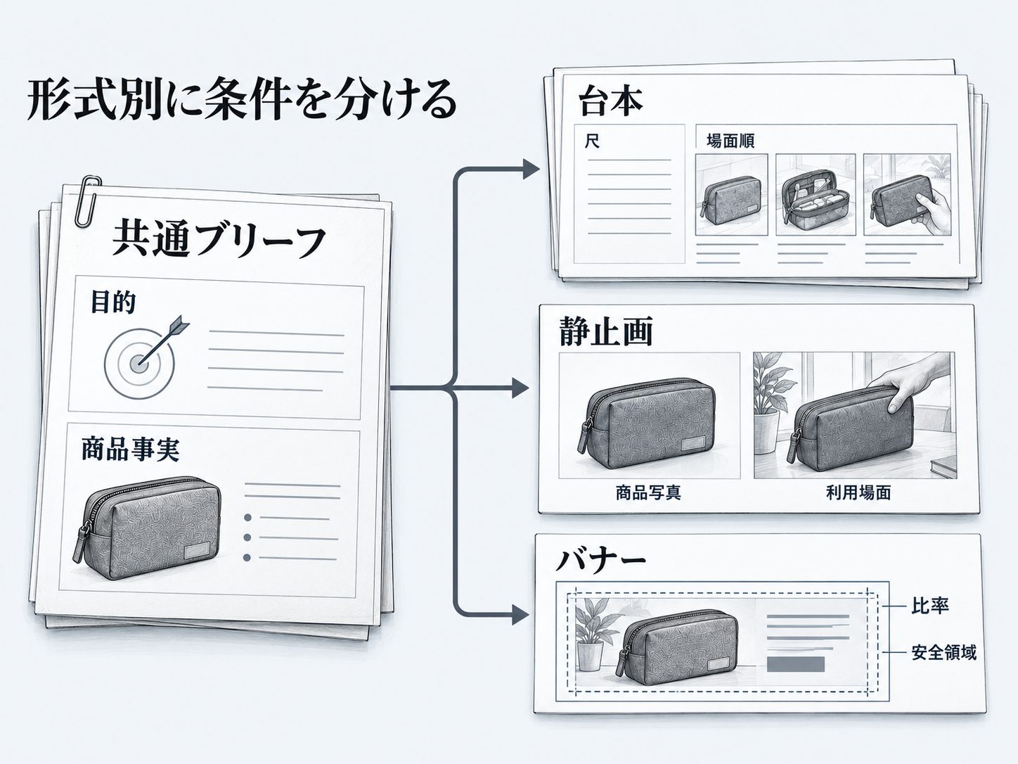同じブリーフから形式別に条件を枝分かれさせる流れ