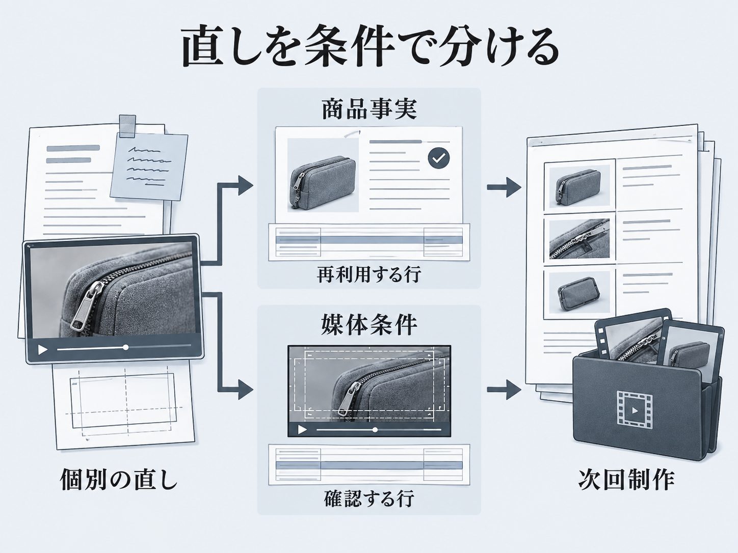 個別の直しを商品事実と媒体条件に分けて渡す
