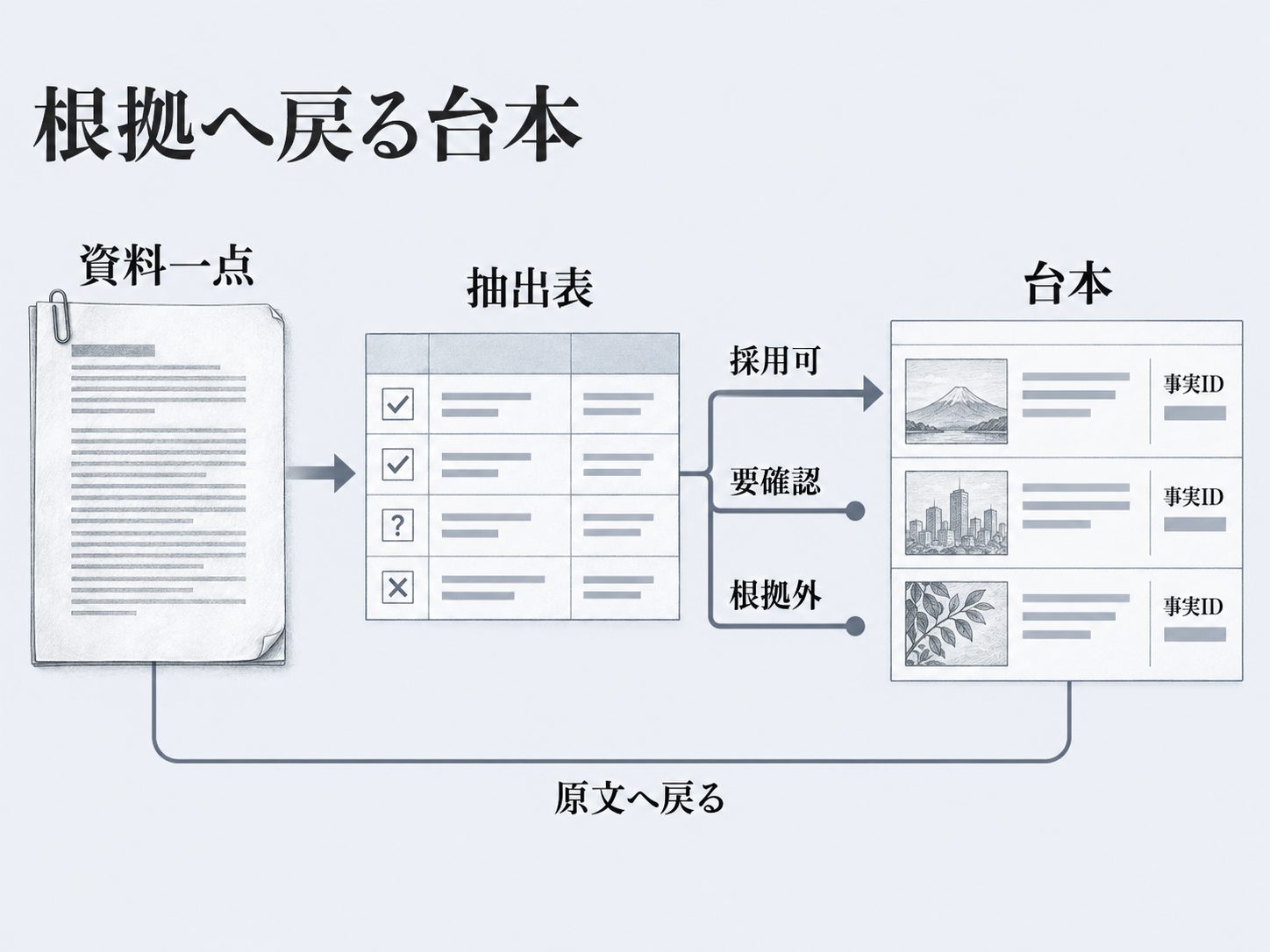 資料一点から根拠ID付き台本へ進む流れ