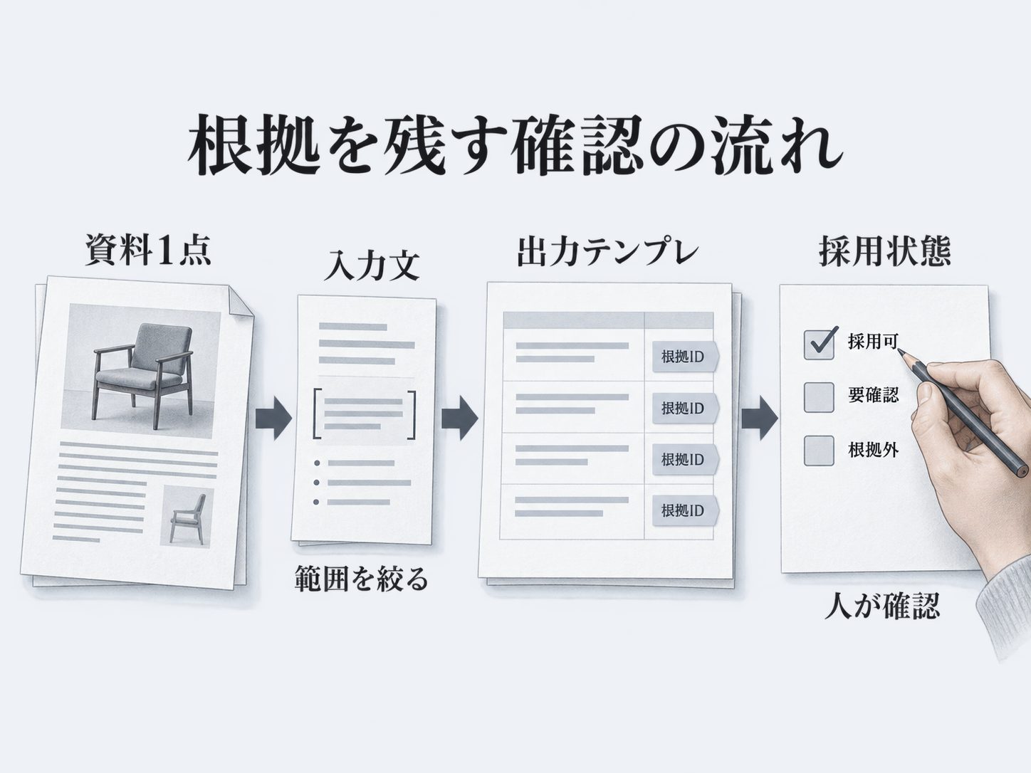 資料から出力テンプレを経て人が確認する流れ