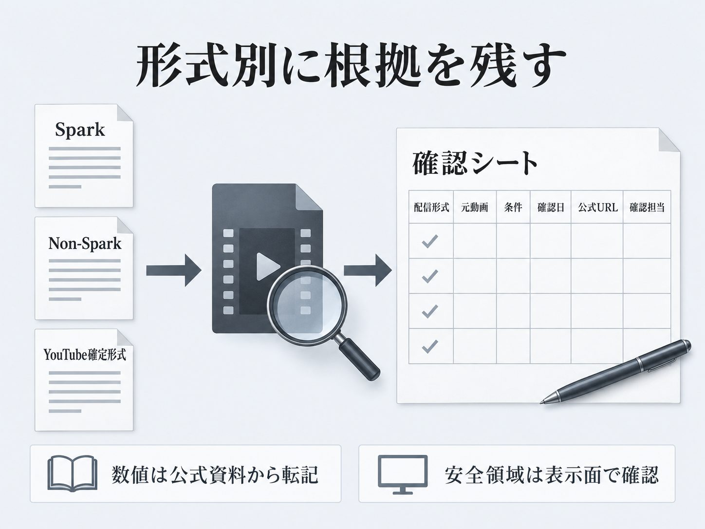 配信形式と入稿条件を確認表へ記録する説明図
